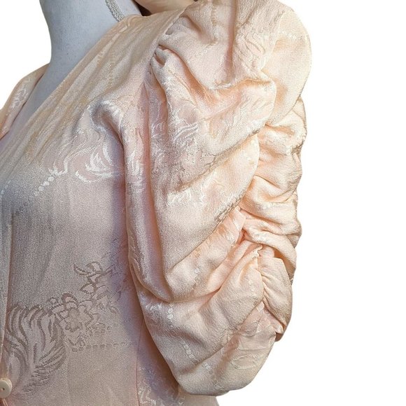 Vintage 80s Sz 4 Light Pink Floral Wrap Dress Gather Knee Length Puff Sleeve‎ - Picture 5 of 14